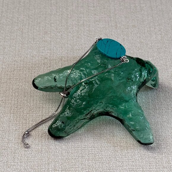 Silver Tone Adjustable Slider Bracelet with Faux Turquoise - Picture 2 of 5